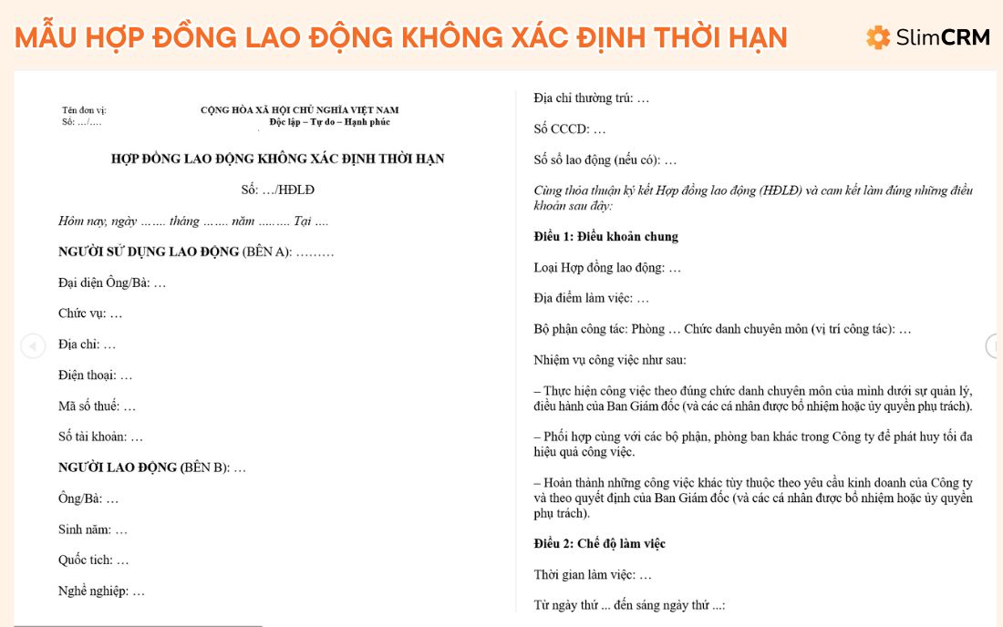 Mẫu hợp đồng lao động không xác định thời hạn mới nhất
