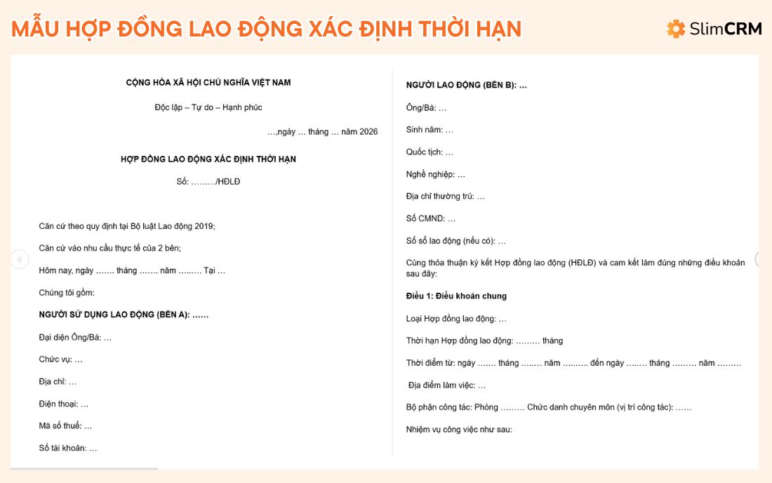 Mẫu hợp đồng lao động xác định thời hạn 2026