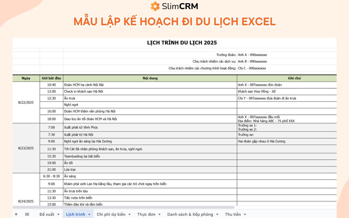 Mẫu lập kế hoạch đi du lịch excel