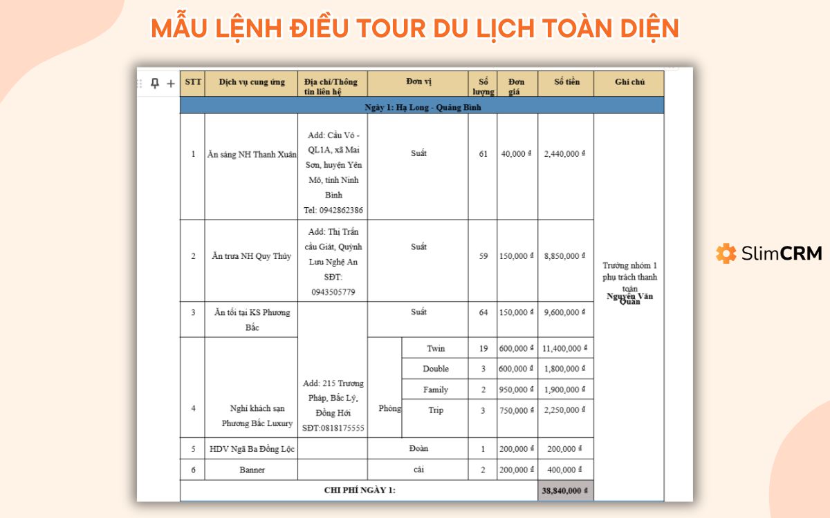 mẫu lệnh điều tour du lịch