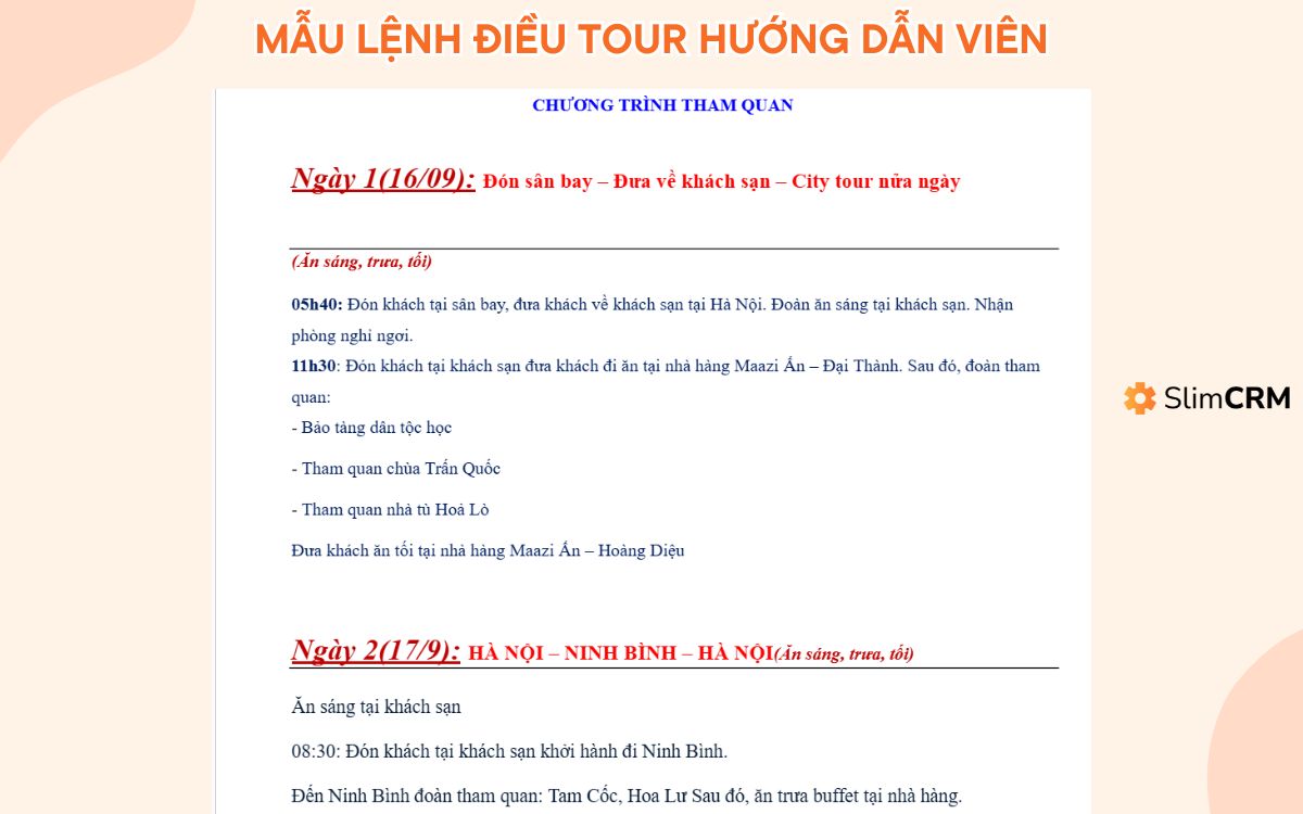 Mẫu lệnh điều tour hướng dẫn viên