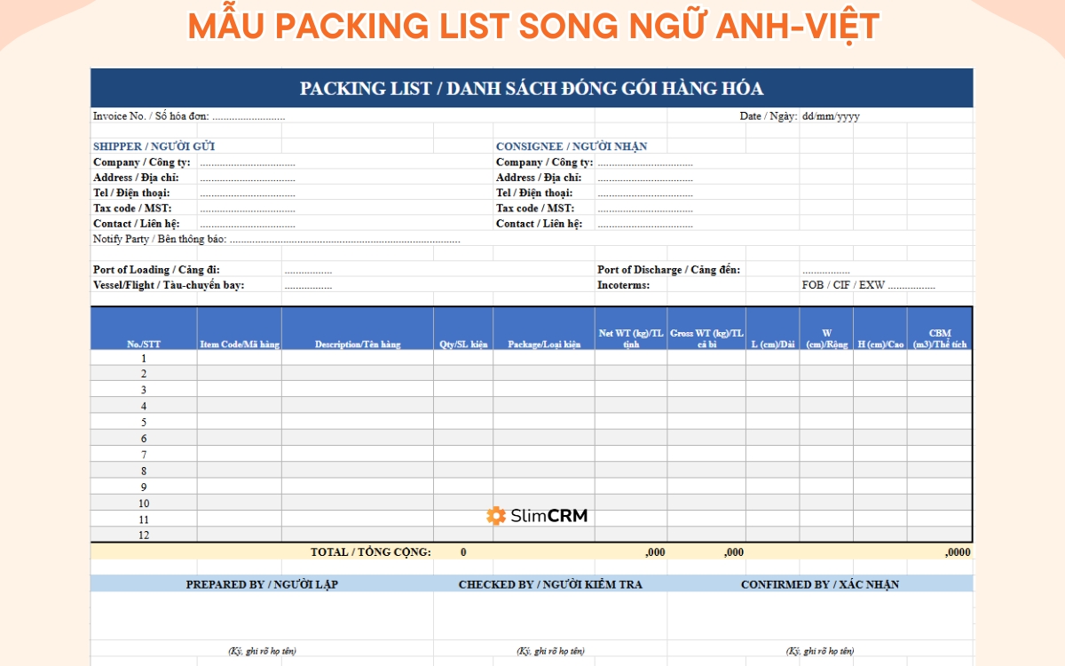 Mẫu packing list Excel