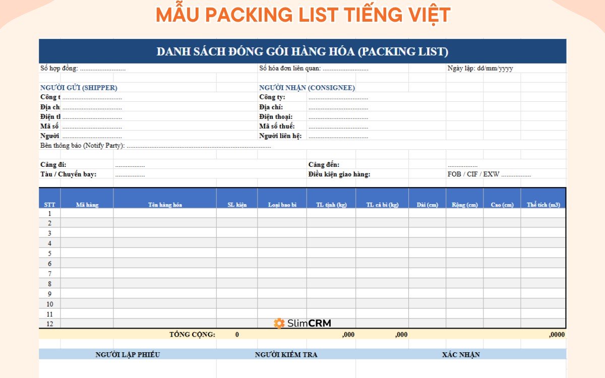 mẫu packing list tiếng việt