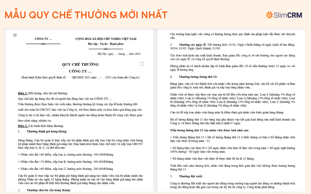 Mẫu quy chế thưởng mới nhất