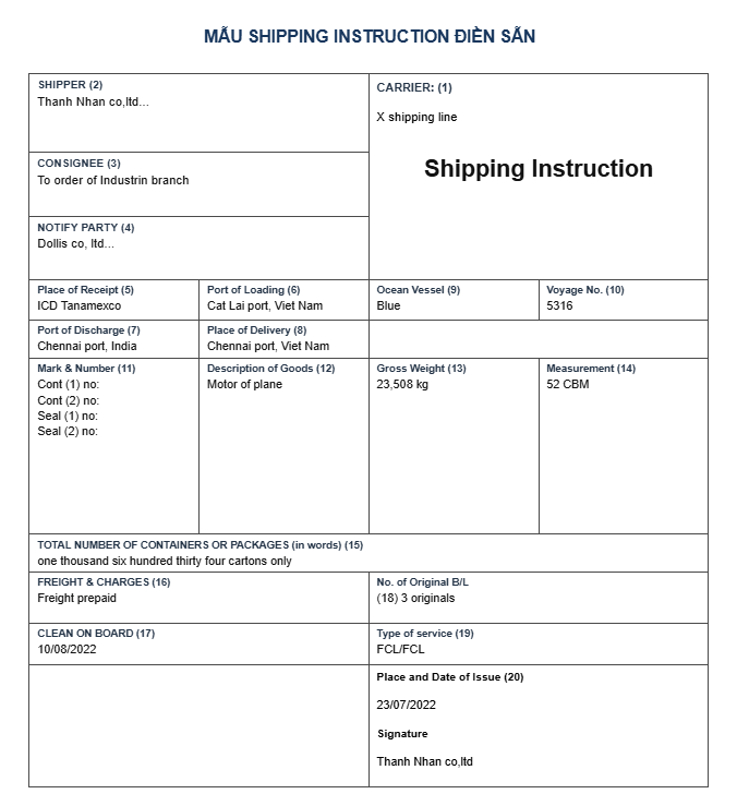 mẫu shipping instruction