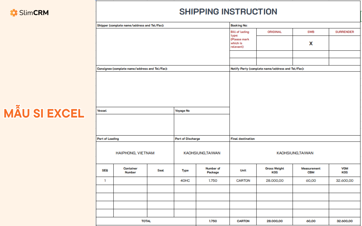 Mẫu SI bằng excel