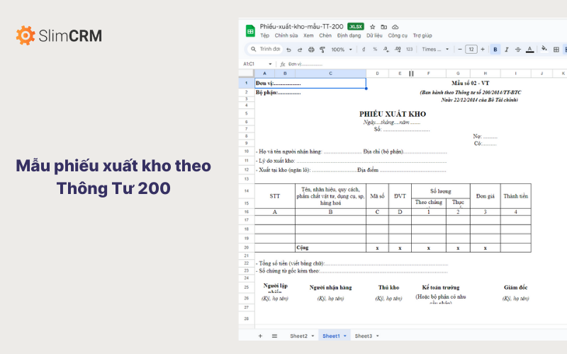 Mẫu phiếu xuất kho theo Thông Tư 200