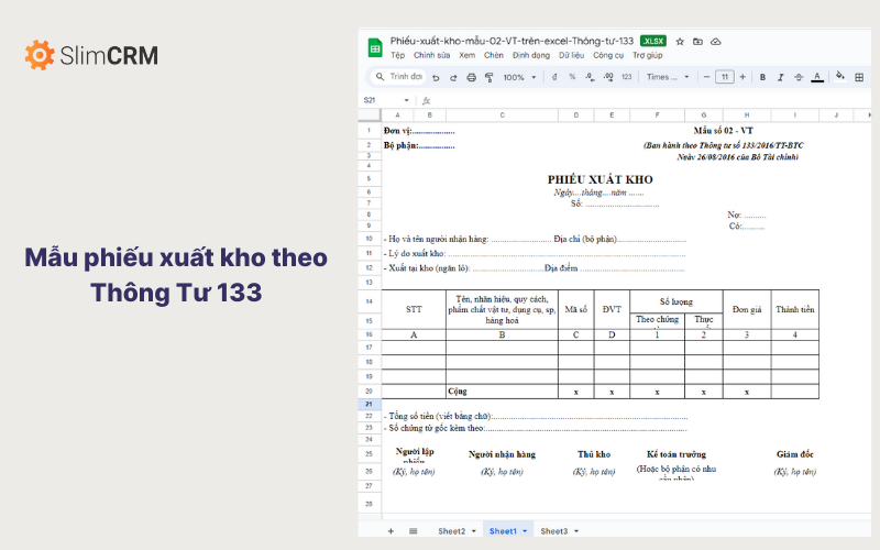 Mẫu phiếu xuất kho theo Thông Tư 133