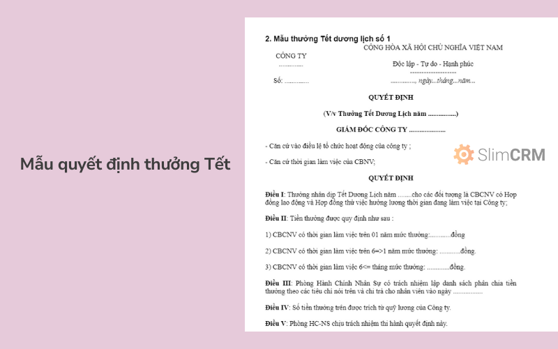 Mẫu quyết định thưởng Tết
