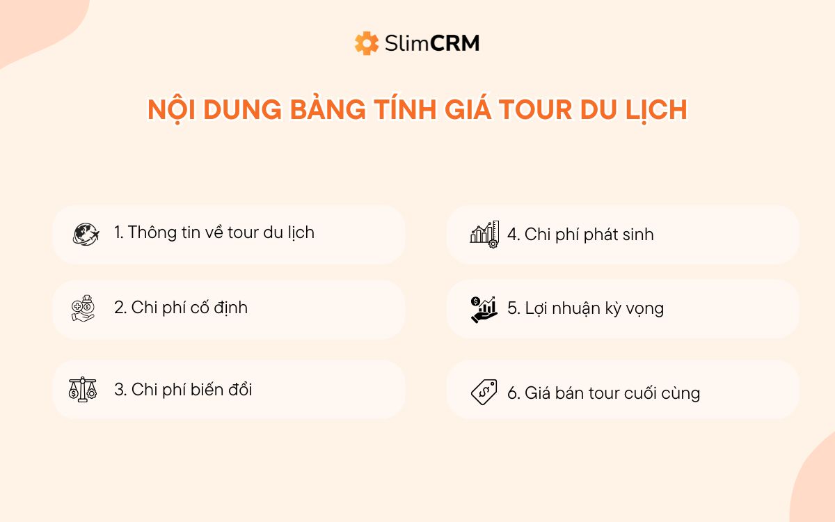 Nội dung bảng tính giá tour du lịch