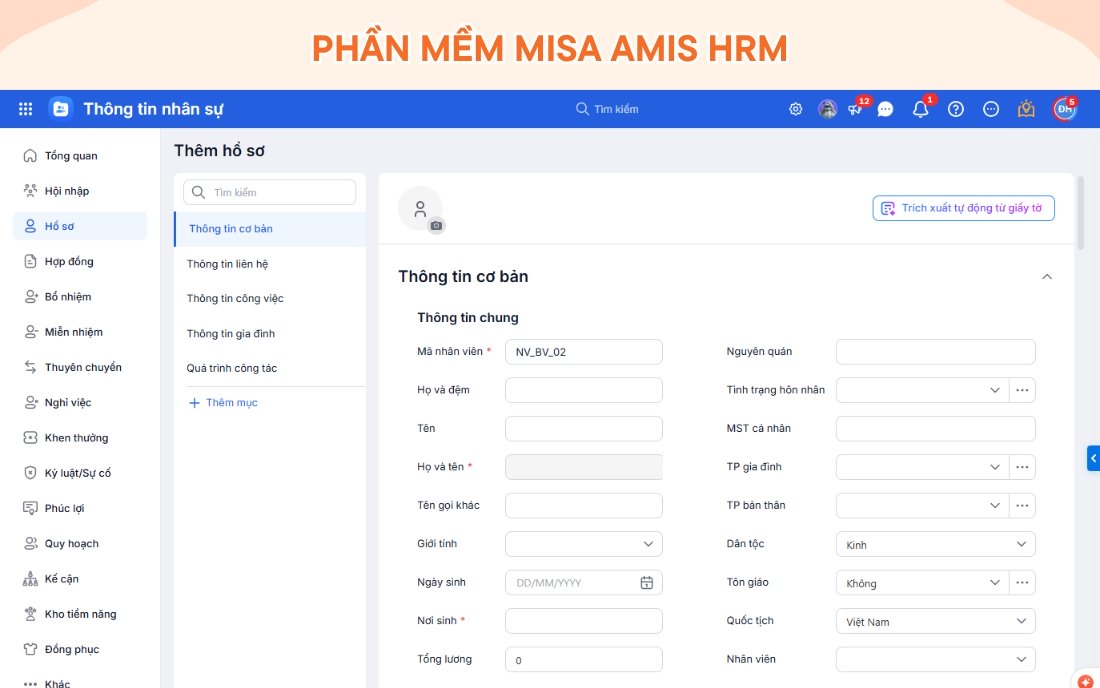 Phần mềm quản lý hồ sơ nhân sự MISA AMIS HRM