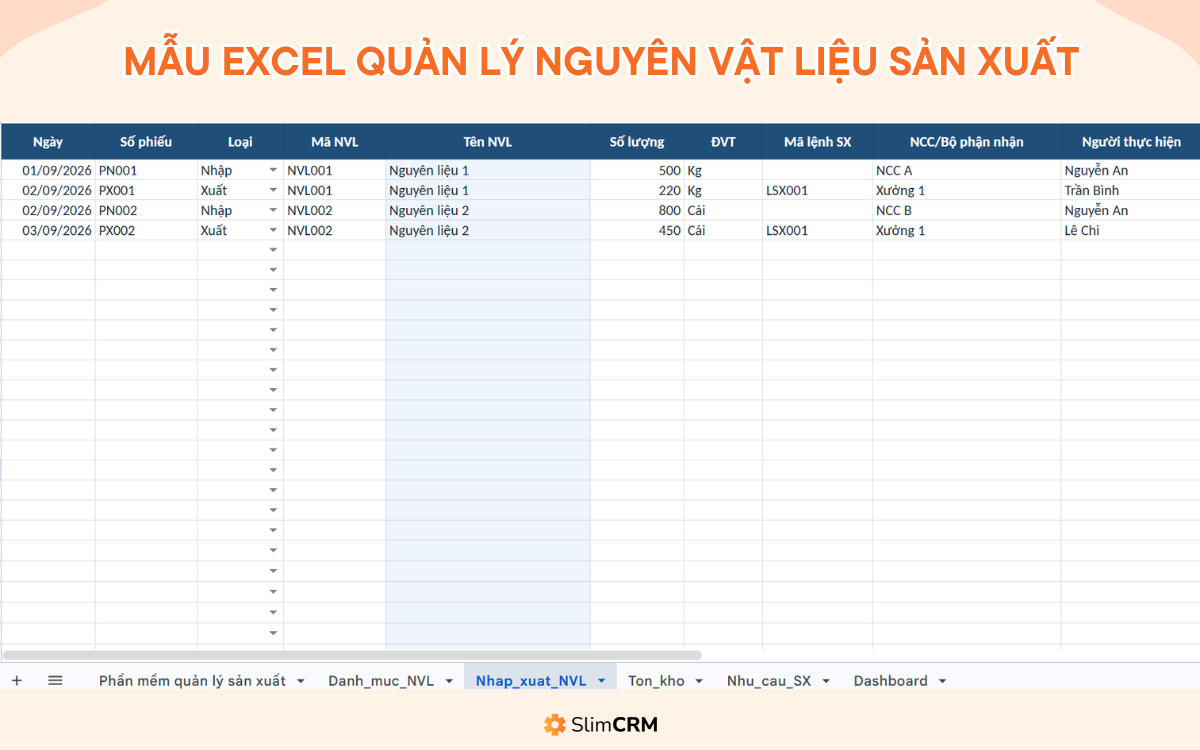 Mẫu Excel quản lý nguyên vật liệu sản xuất