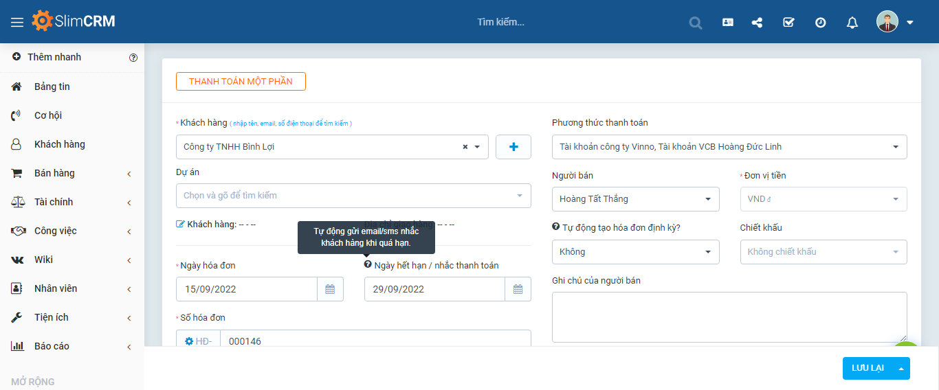 SlimCRM tự động nhắc nhở các khoản chậm thanh toán