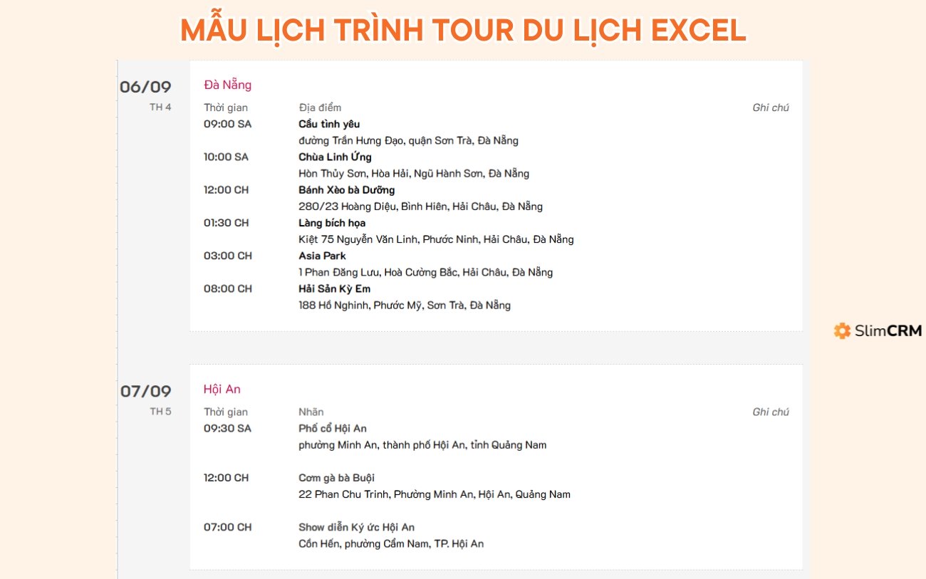 Mẫu lập lịch trình tour