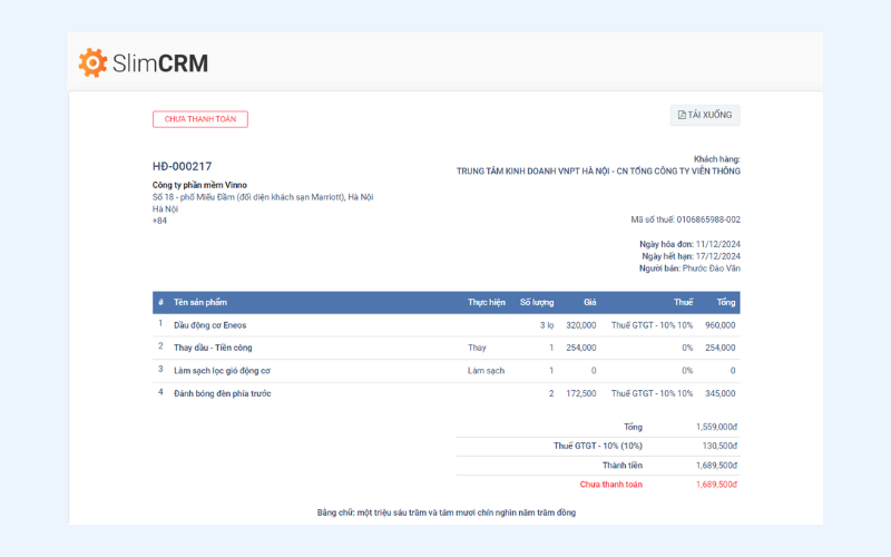 Xuất hóa đơn và theo dõi tình trạng thanh toán với SlimCRM