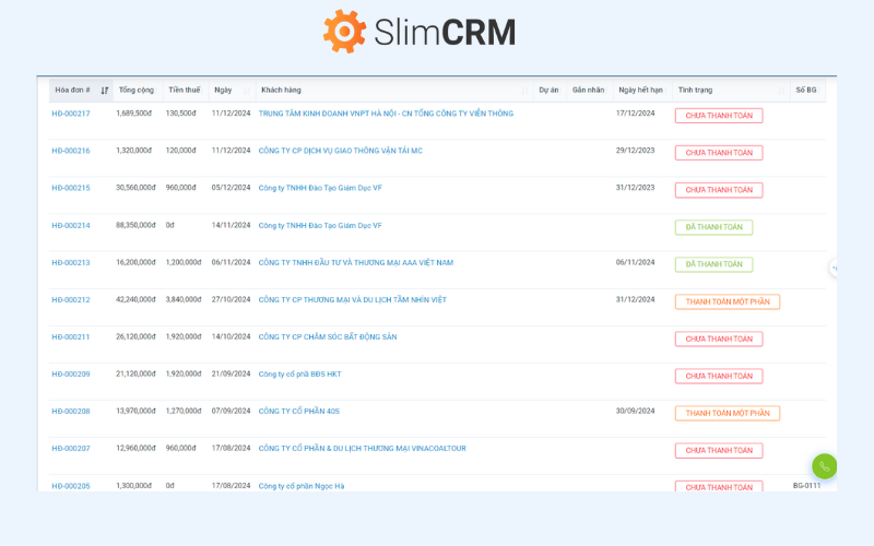 Xuất hóa đơn và theo dõi tình trạng thanh toán với SlimCRM