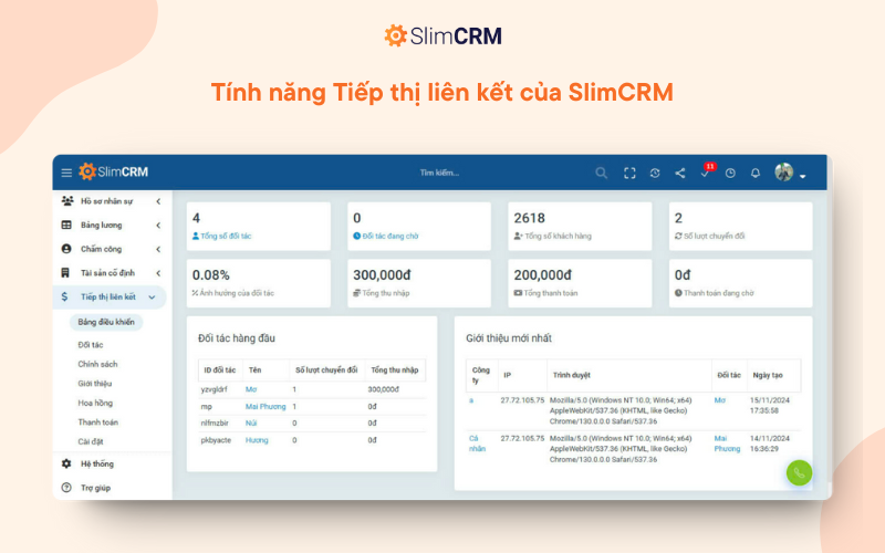 Tính năng Tiếp thị liên kết của SlimCRM