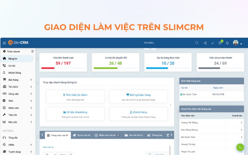 Giao diện làm việc trên SlimCRM
