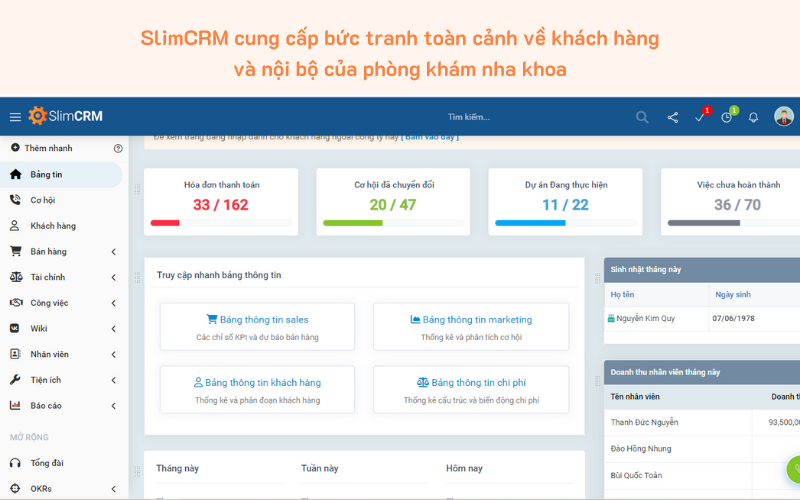 SlimCRM cung cấp bức tranh toàn cảnh về khách hàng và nội bộ của phòng khám nha khoa