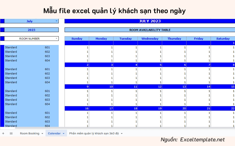 Lịch đặt phòng khách sạn theo ngày 