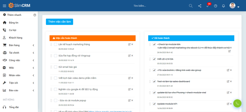 Dễ dàng tạo checklist giúp kiểm soát tiến độ thực hiện trên SlimCRM