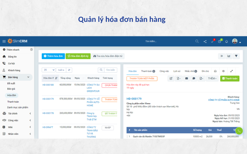 Các tính năng quản lý hóa đơn bán hàng trên SlimCRM
