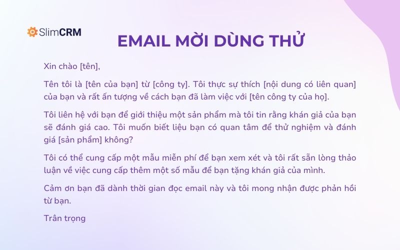 Mẫu email booking KOL mời dùng thử
