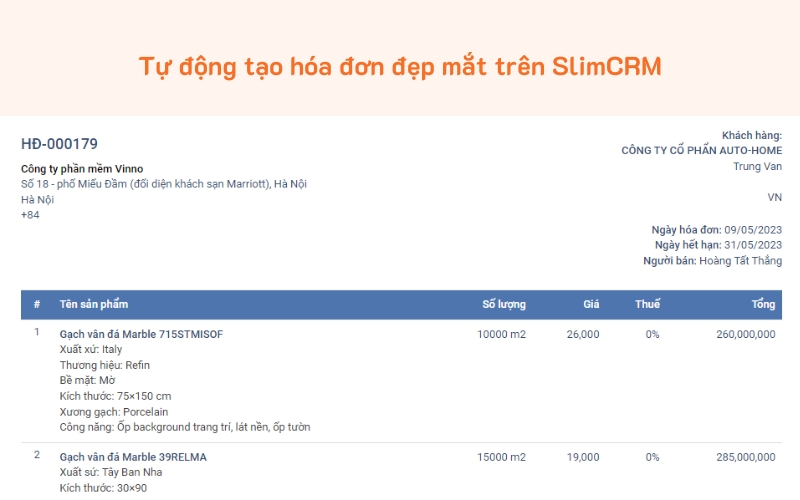 Tự động tạo hóa đơn đẹp mắt trên SlimCRM