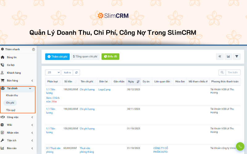 Quản lý tài chính trong phần mềm SlimCRM