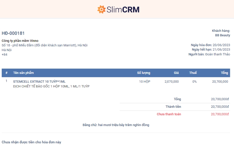 SlimCRM cho phép tự động tạo hóa đơn đẹp mắt